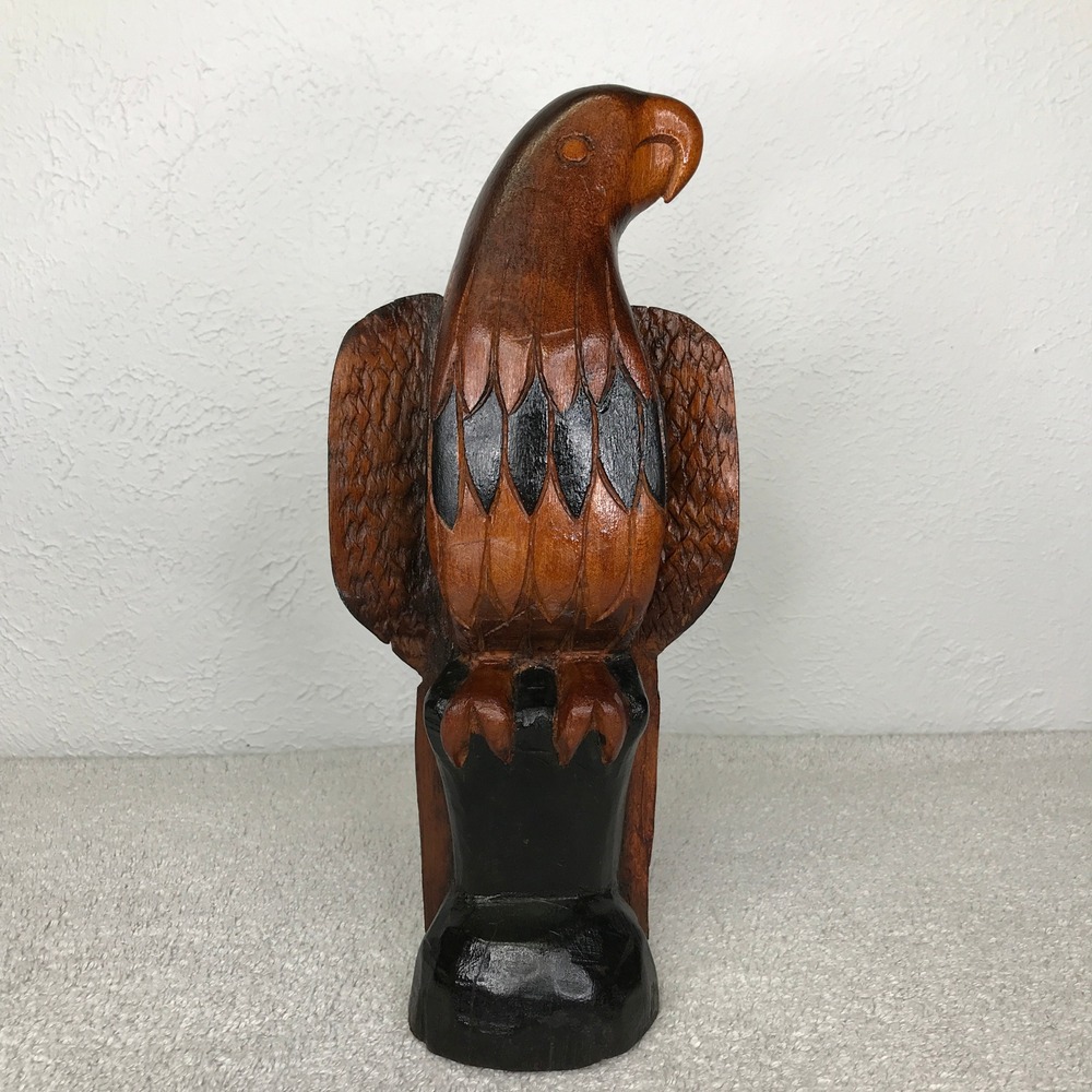 Vintage Eagle Statue Rustic Lodge Hand Carved Wood Folk Art Brown Black 14.5"